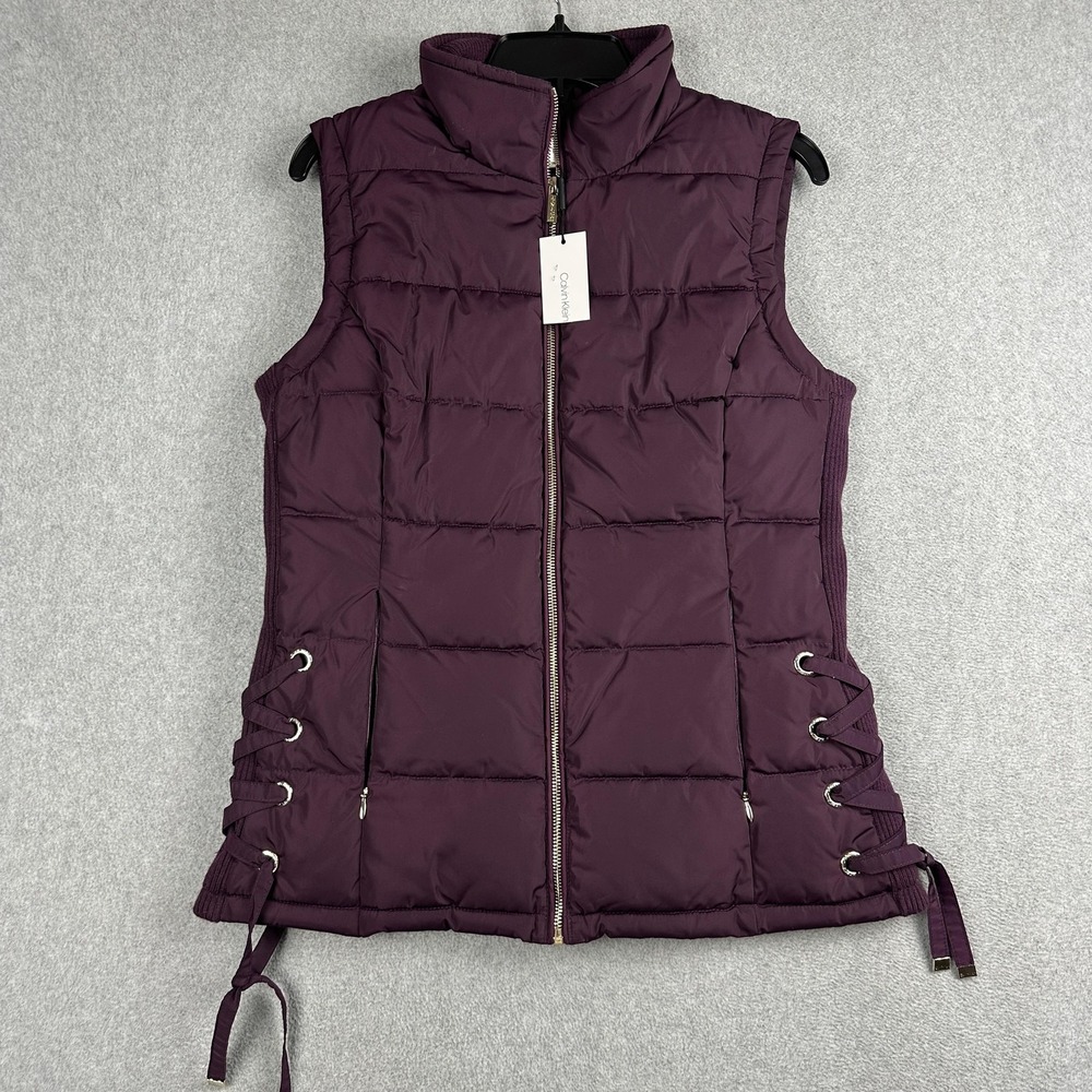 Calvin Klein Vest Womens Small Purple Quilted Puffer Zip Pockets Lace Up Sides